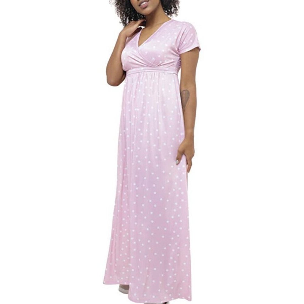 ILuvMum Womens Maternity Dress Sz Medium Short Sleeve Midi Pink White Polka Dots